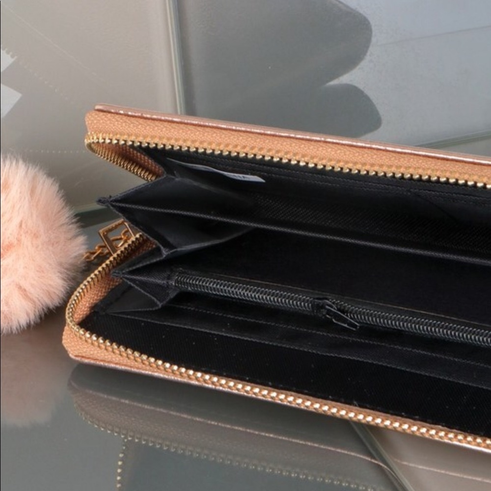 Elle Metallic Rose Gold Zipper Wallet w/ Pom Pom - Picture 3 of 6